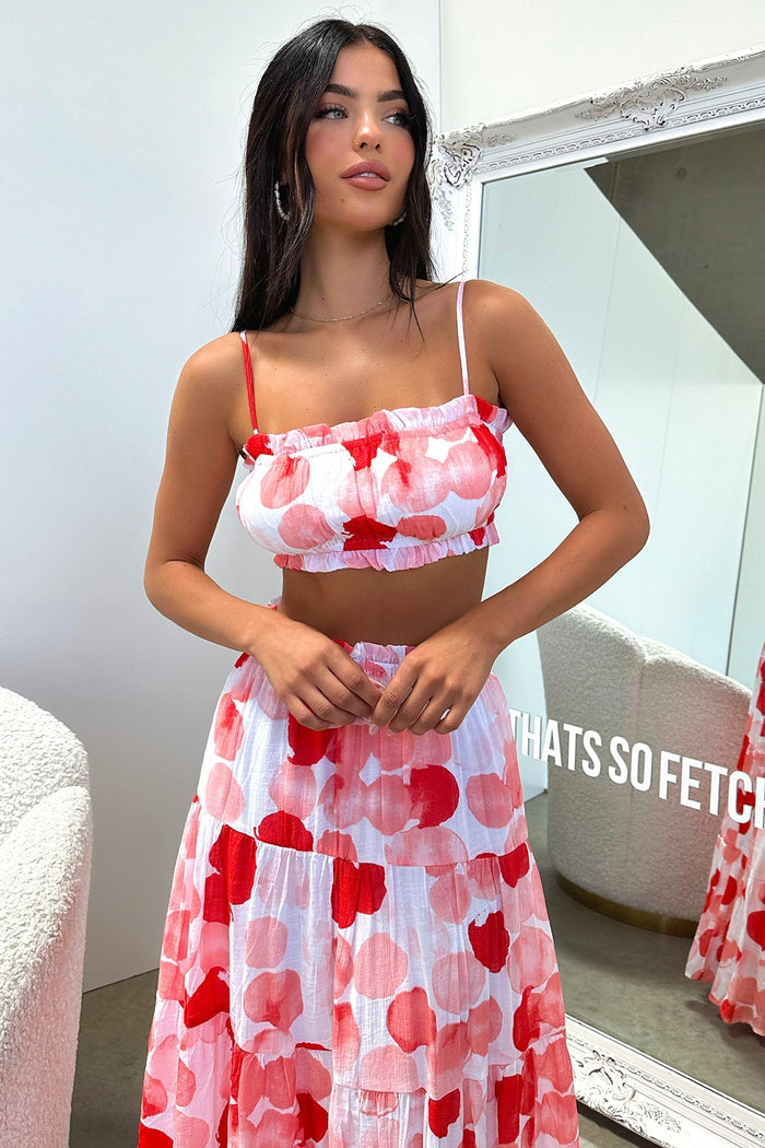 Selina Tiered Maxi Skirt - Red / White Print