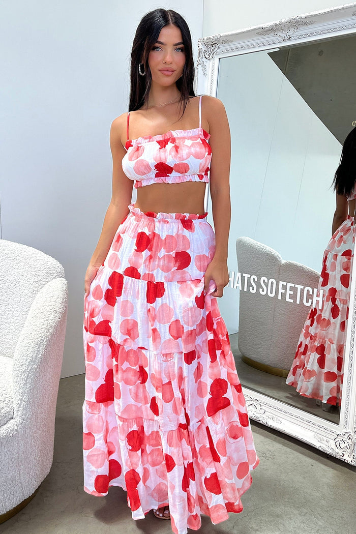 Selina Tiered Maxi Skirt - Red / White Print