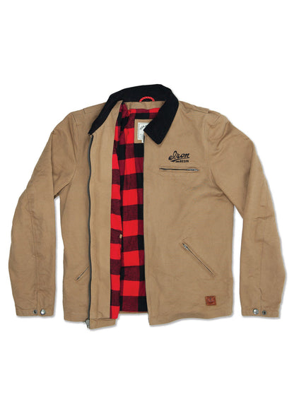 Tan jacket with black collar, red plaid lining, and zippered pockets. "Iron and Resin" logo on chest. Casual and stylish design.