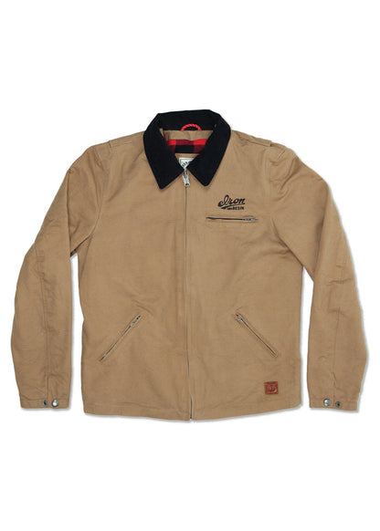 Tan jacket with black collar, zip front, and two zip pockets. "Iron and Resin" logo on chest. Red plaid lining visible inside.