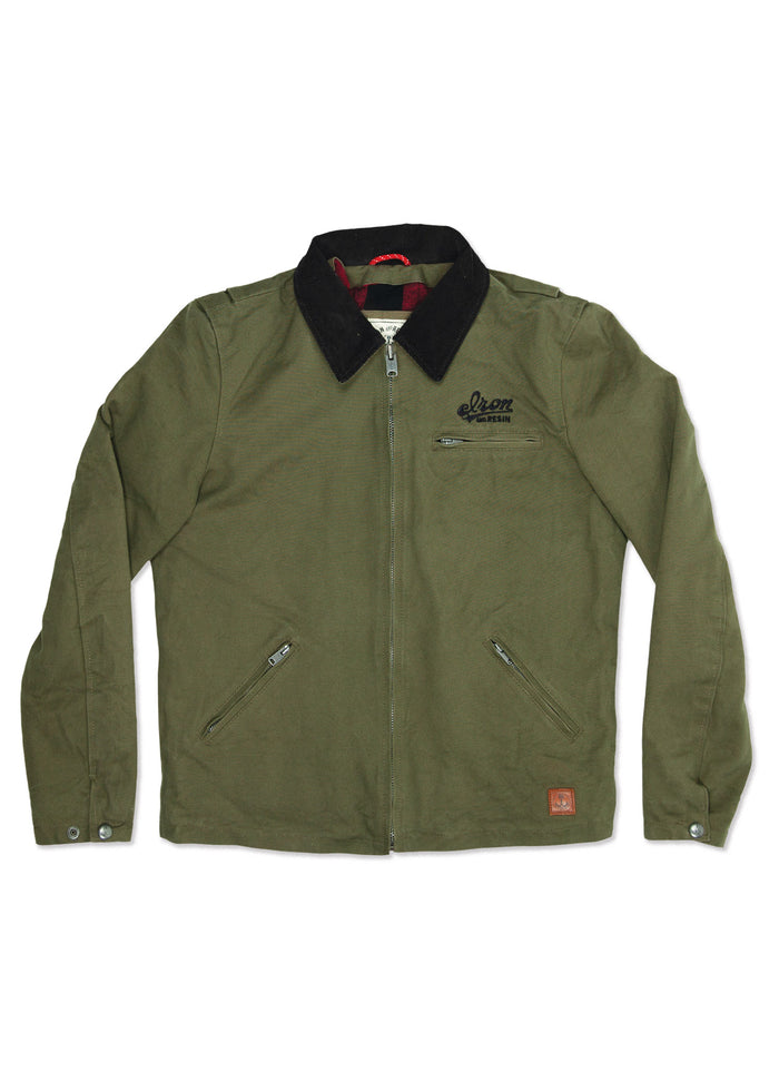 Olive green jacket with black collar, front zipper, and two zippered pockets. "Elron" logo on chest adds a stylish touch.