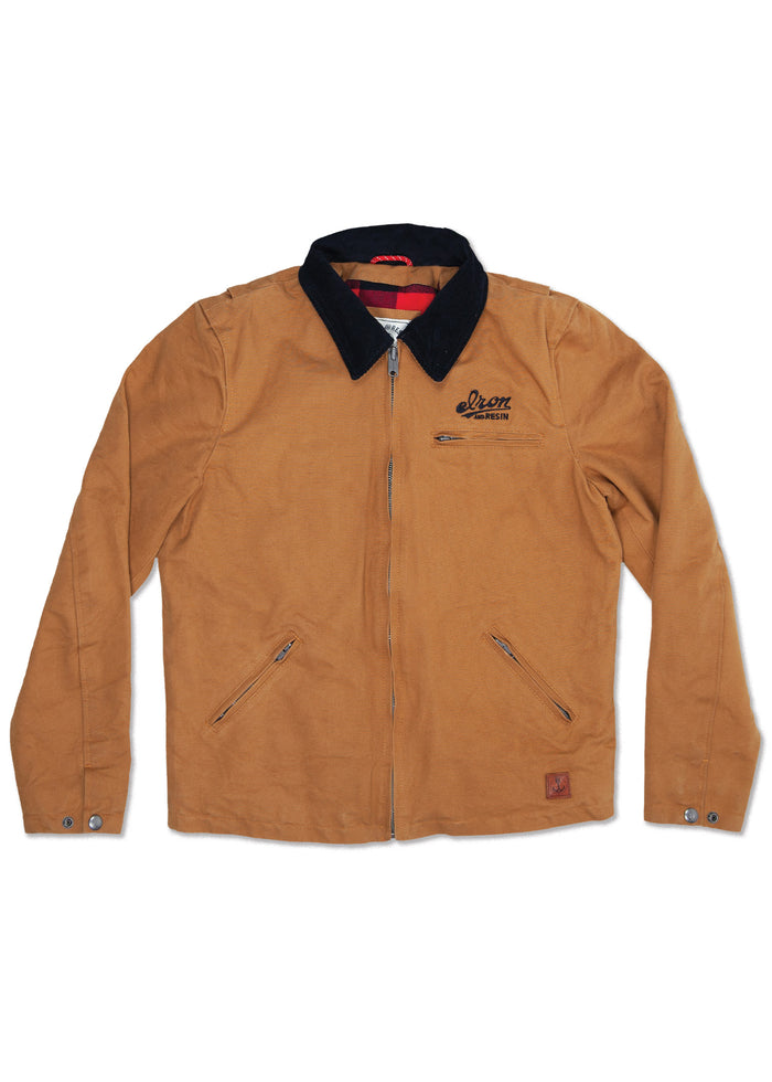 Brown jacket with black collar, zip front, and pockets. "Iron and Resin" logo on chest. Casual, stylish outerwear.