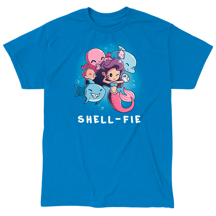 Classic Cotton T-shirt_TeeTurtle sapphire blue Shell-fie apparel featuring a mermaid taking a selfie underwater with a shell phone, surrounded by smiling sea creatures. Caption reads, 'Shell-fie'.