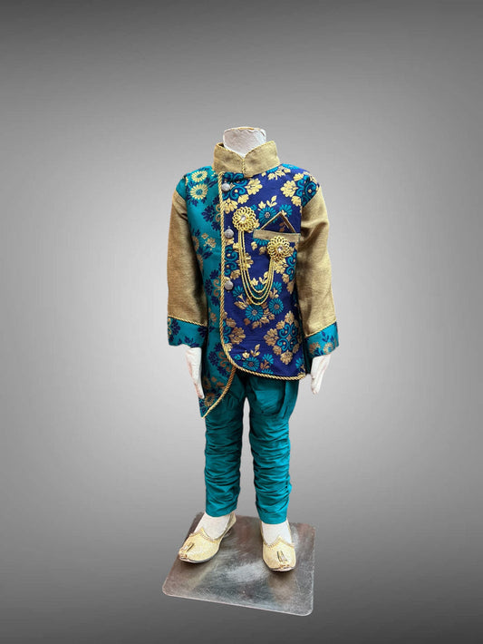 Silk Pine Green & Navy Blue Printed Kids Jacket/ Sherwani