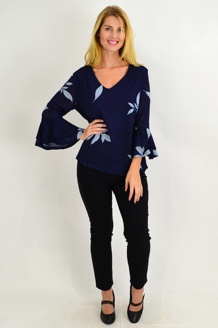 Blue Stylius Spanish Leaf Bell Sleeve Tunic Blouse with relaxed fit and stylish design, perfect for casual or dressy occasions.