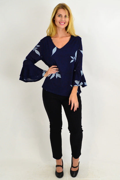 Blue Stylius Spanish Leaf Bell Sleeve Tunic Blouse with relaxed fit and stylish design, perfect for casual or dressy occasions.