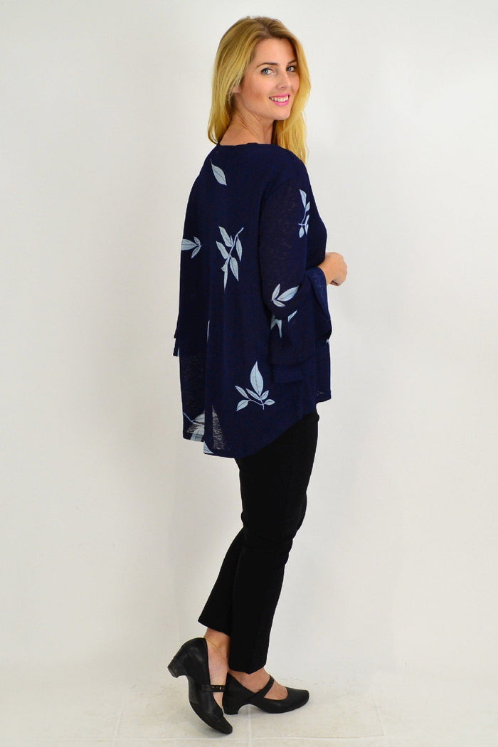 Blue Stylius Spanish Leaf Bell Sleeve Tunic Blouse with relaxed fit and stylish design, perfect for casual and chic looks.
