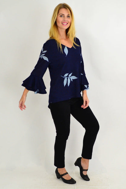 Blue Stylius Spanish Leaf Bell Sleeve Tunic Blouse featuring a flowy design and bell sleeves for a stylish, comfortable look.