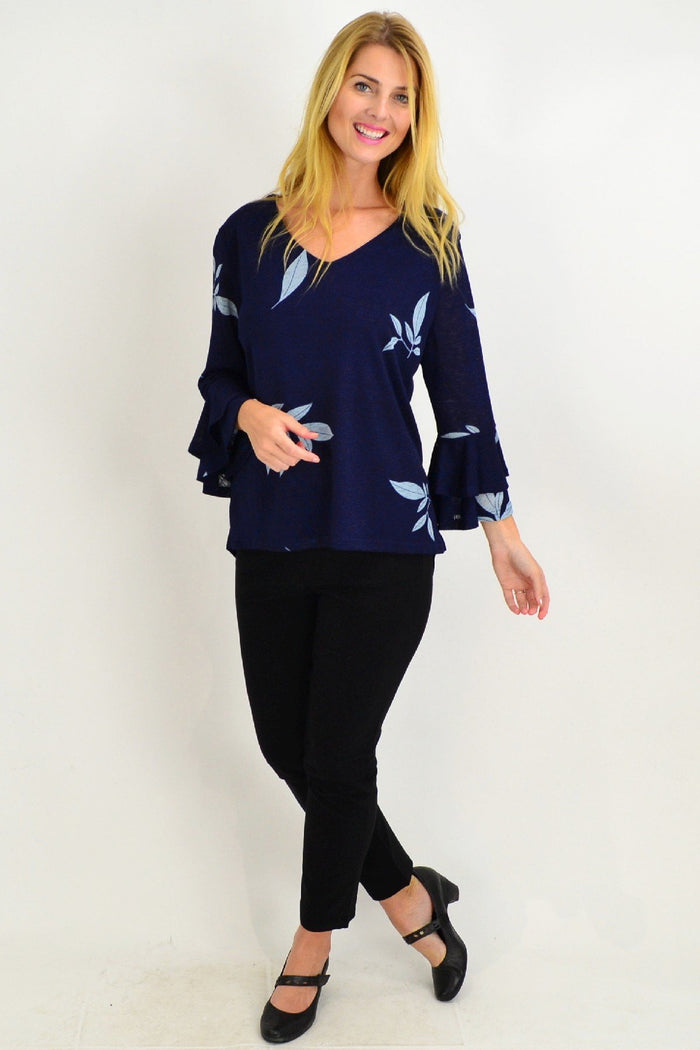 Blue Stylius Spanish Leaf Bell Sleeve Tunic Blouse with relaxed fit and stylish design, perfect for casual and chic looks.