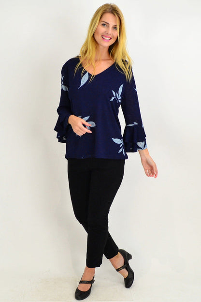 Blue Stylius Spanish Leaf Bell Sleeve Tunic Blouse with relaxed fit and stylish design, perfect for casual and chic looks.