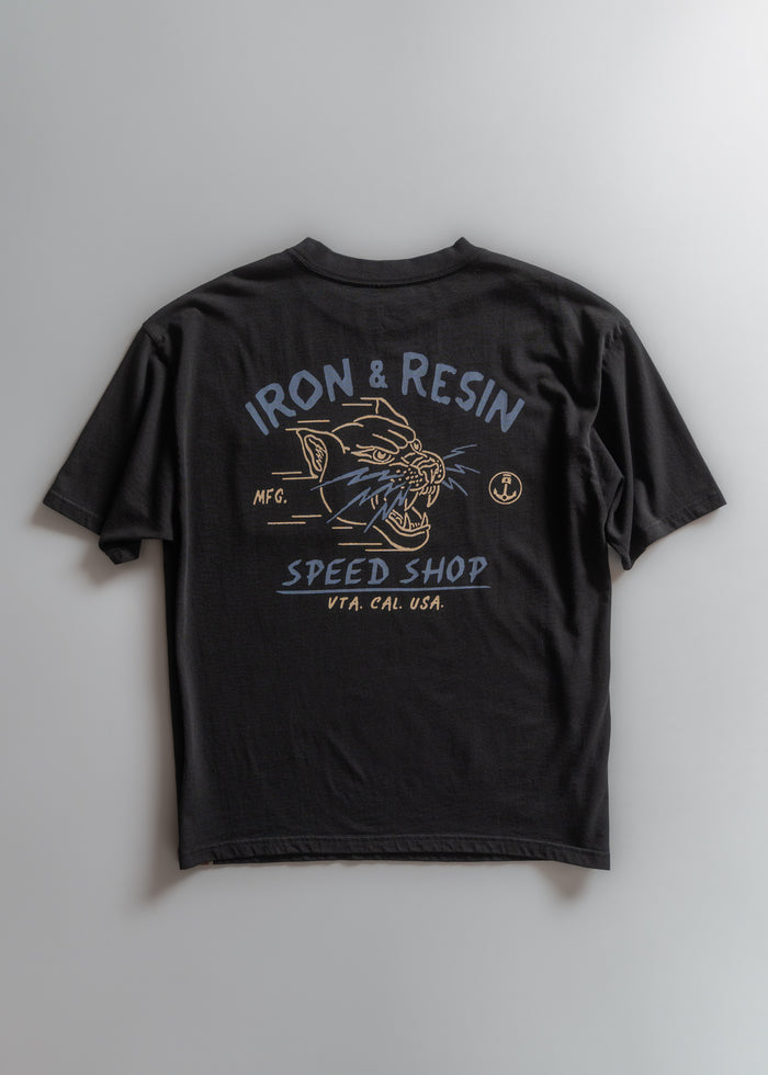 Black T-shirt with "Iron & Resin Speed Shop" text, featuring a roaring panther graphic. Located in VTA, CAL, USA.