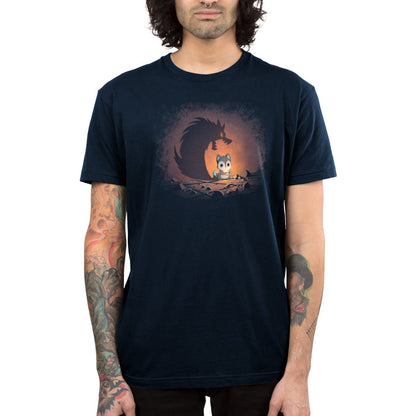 Premium Cotton T-shirt_TeeTurtle navy blue Spooky Shadow apparel featuring a wolf holding a candle with a shadow of a werewolf with its jaws open.