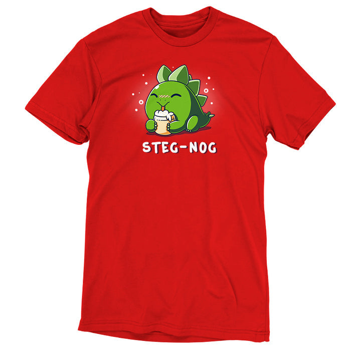 Premium Cotton T-shirt_TeeTurtle Steg-nog red apparel featuring a stegosaurus dinosaur drinking holiday egg nog with a pun underneath.