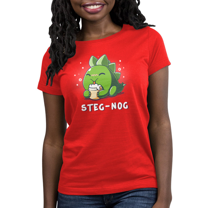 Premium Cotton T-shirt_TeeTurtle Steg-nog red apparel featuring a stegosaurus dinosaur drinking holiday egg nog with a pun underneath.
