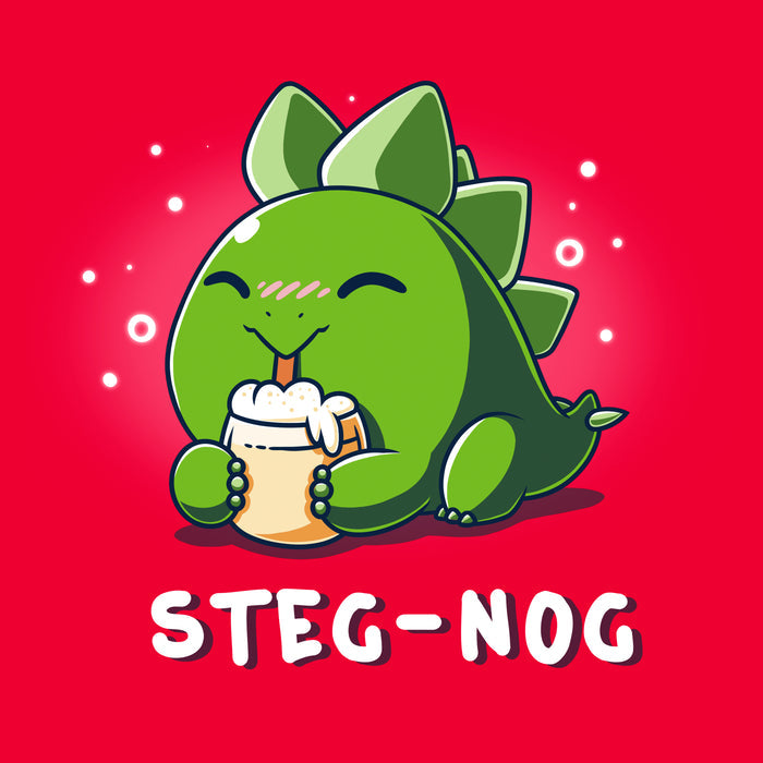 Classic Cotton T-shirt_TeeTurtle Steg-nog red apparel featuring a stegosaurus dinosaur drinking holiday egg nog with a pun underneath.