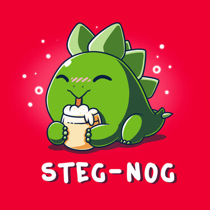 Classic Cotton T-shirt_TeeTurtle Steg-nog red apparel featuring a stegosaurus dinosaur drinking holiday egg nog with a pun underneath.