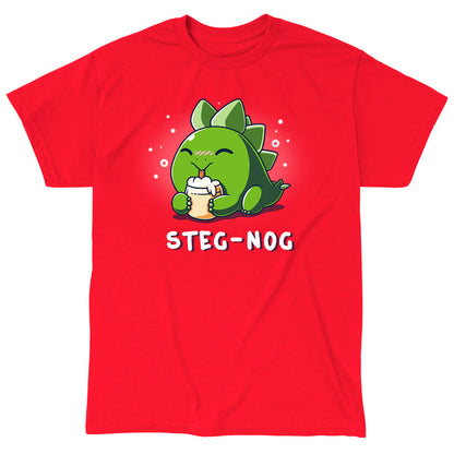 Classic Cotton T-shirt_TeeTurtle Steg-nog red apparel featuring a stegosaurus dinosaur drinking holiday egg nog with a pun underneath.