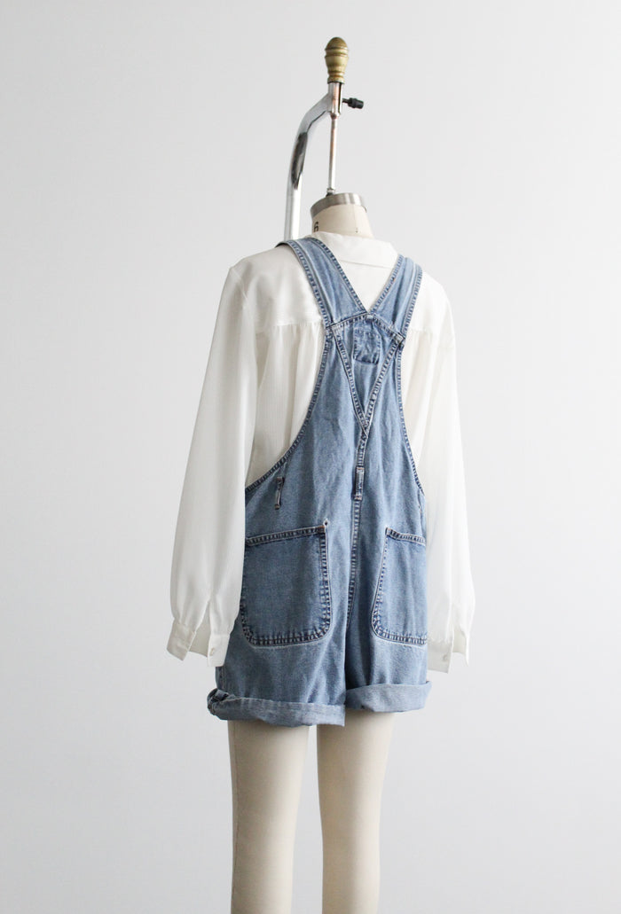 sunfaded distressed short overalls