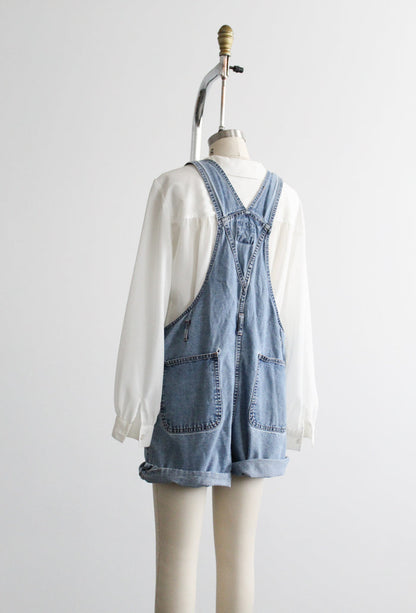 sunfaded distressed short overalls