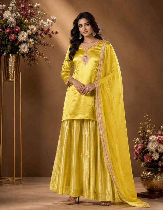 Sunshine Yellow Embroidered Kurta Sharara Set with Dupatta