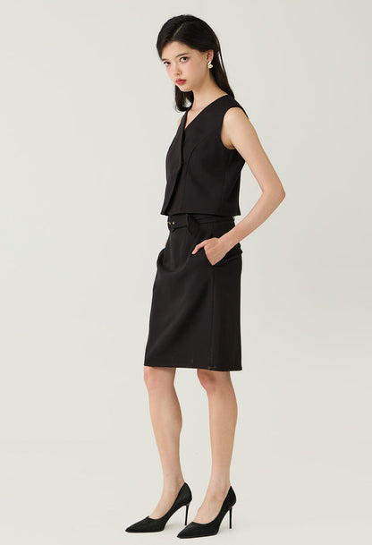 Tailored Buckle-Belted Midi Skirt