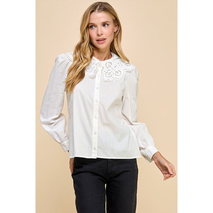 TCEC - LS, Button Down Top w Eyelet Collar 8956 - White