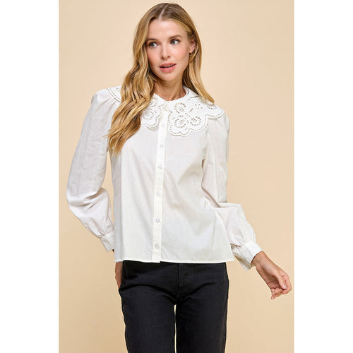 TCEC - LS, Button Down Top w Eyelet Collar 8956 - White