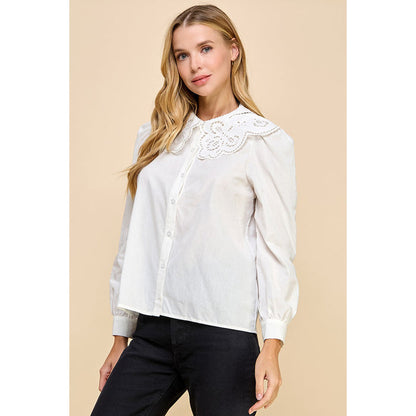 TCEC - LS, Button Down Top w Eyelet Collar 8956 - White