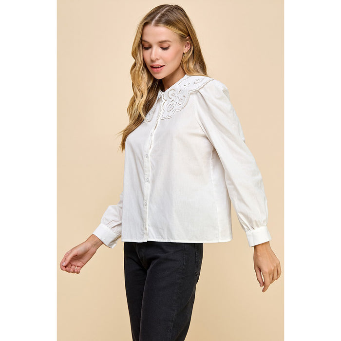 TCEC - LS, Button Down Top w Eyelet Collar 8956 - White