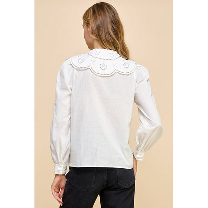 TCEC - LS, Button Down Top w Eyelet Collar 8956 - White