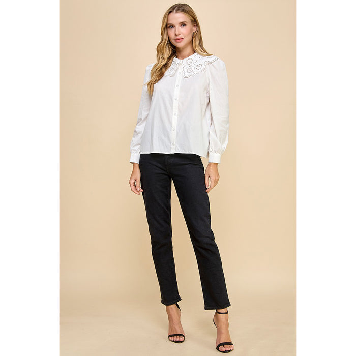 TCEC - LS, Button Down Top w Eyelet Collar 8956 - White