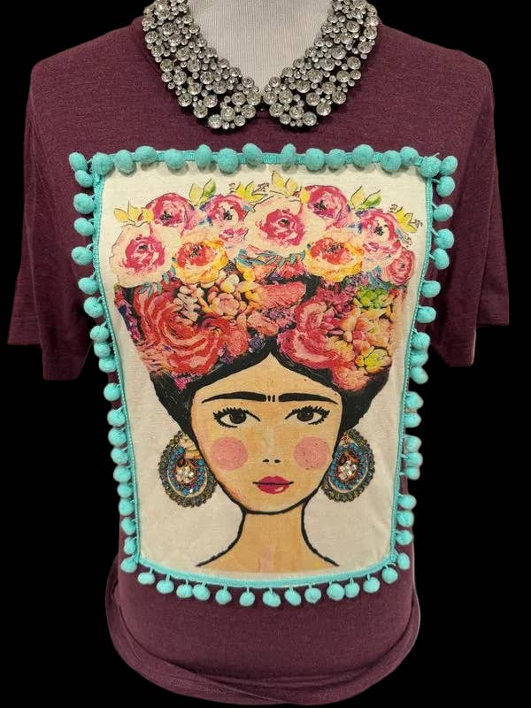 Tee Frida Patch Extra Blingy Pom Pom Maroon Crew