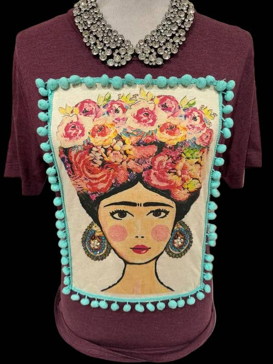 Tee Frida Patch Extra Blingy Pom Pom Maroon Crew