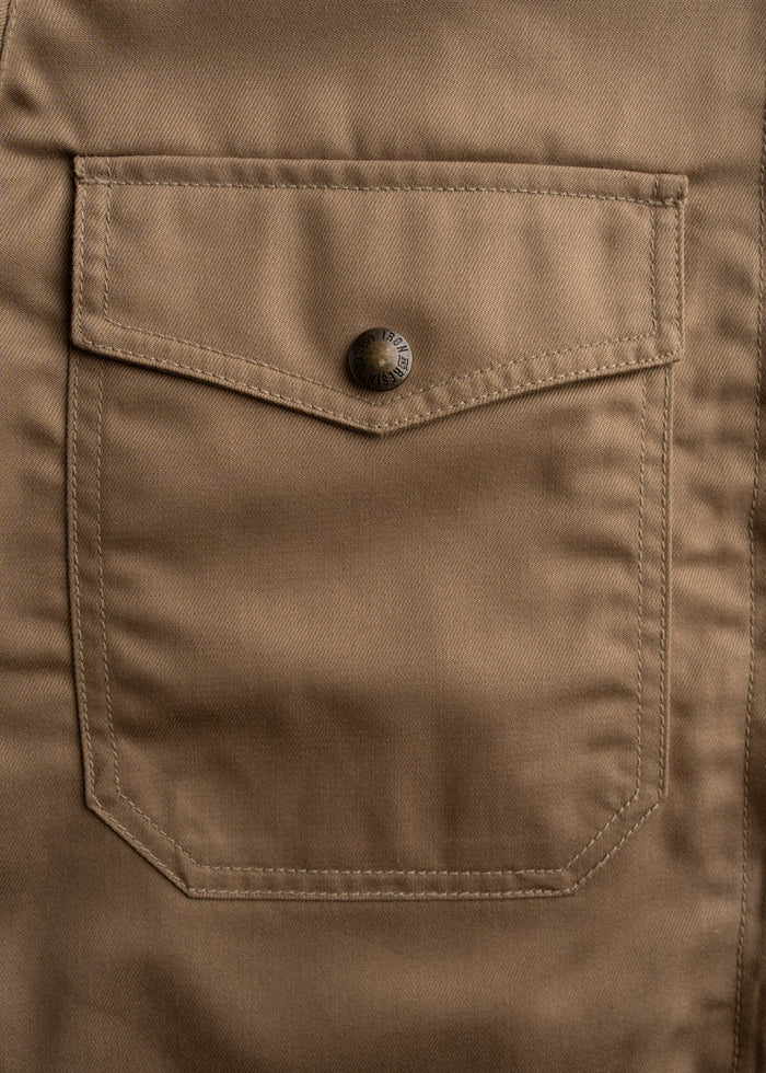 Close-up of a brown fabric pocket with a metal button, showcasing detailed stitching and texture.