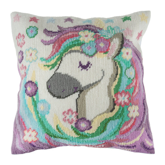Trimits Half Stitch Tapestry Kit Cushion: Unicorn, 40x40cm, Includes Pre-Printed Canvas, Acrylic Yarns, Needle, Cushion Back, Instructi...