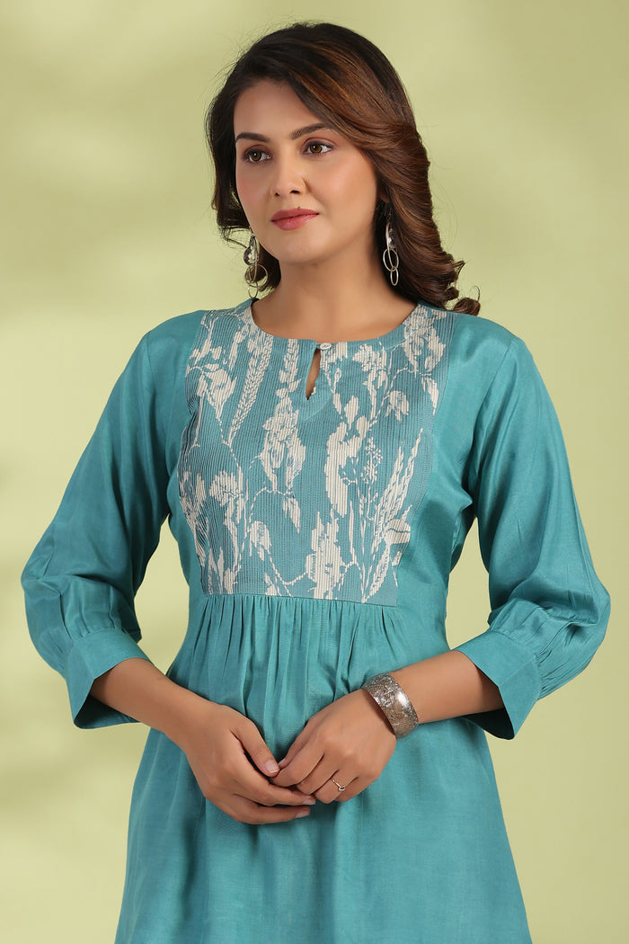 Turquoise Fleur Muslin Silk Top