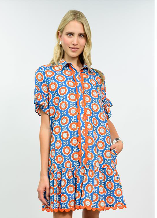 orange and blue ruffle short sleeve dress