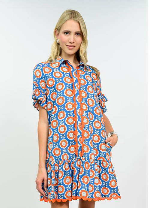 orange and blue ruffle short sleeve dress