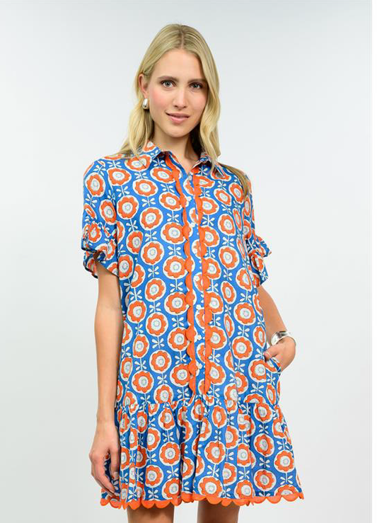 orange and blue ruffle short sleeve dress