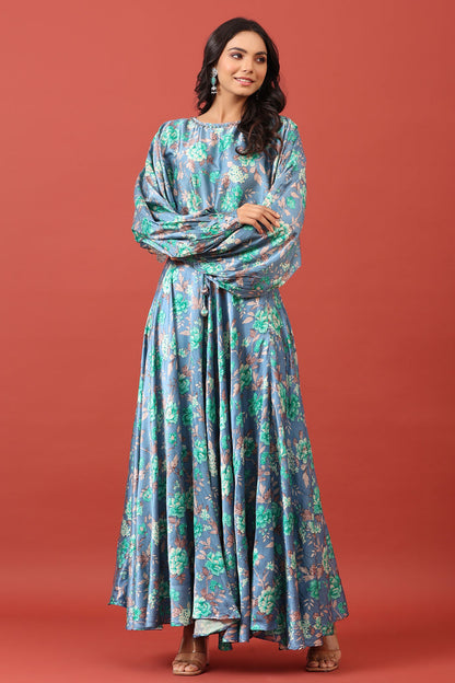 Valley of Flowers on Blue Pure Satin Russian Silk Co-ord Set