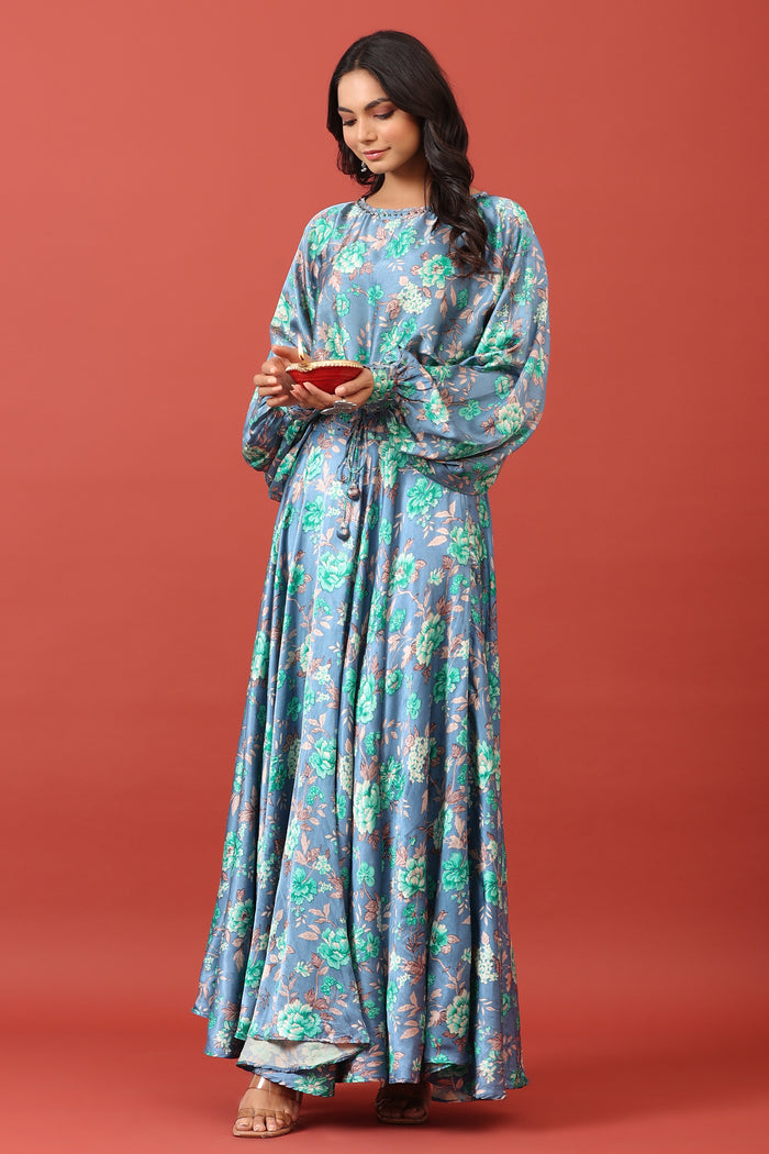 Valley of Flowers on Blue Pure Satin Russian Silk Co-ord Set