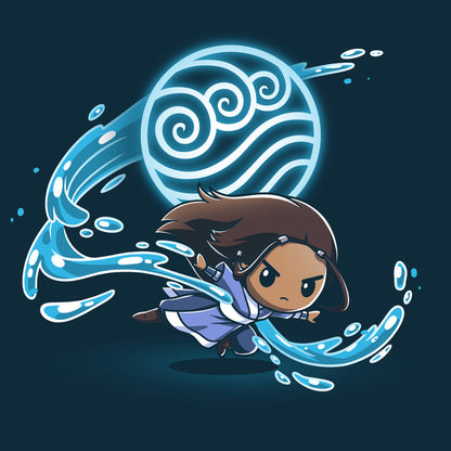 Premium Cotton T-shirt_TeeTurtle navy blue Water Tribe apparel featuring Katara waterbending with the Water Nation symbol in the background.