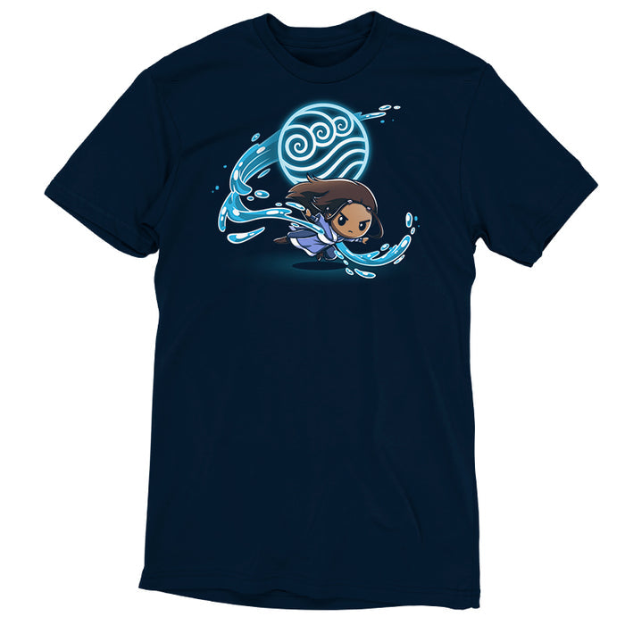 Premium Cotton T-shirt_TeeTurtle navy blue Water Tribe apparel featuring Katara waterbending with the Water Nation symbol in the background.
