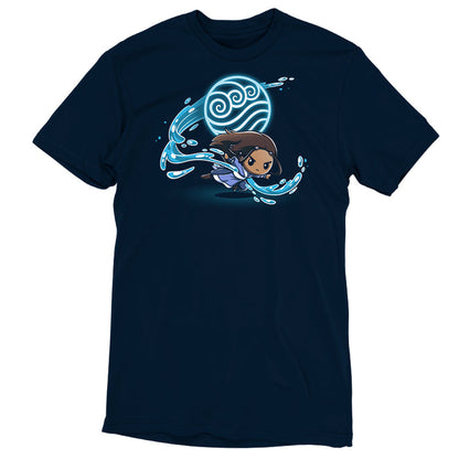 Premium Cotton T-shirt_TeeTurtle navy blue Water Tribe apparel featuring Katara waterbending with the Water Nation symbol in the background.