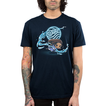 Premium Cotton T-shirt_TeeTurtle navy blue Water Tribe apparel featuring Katara waterbending with the Water Nation symbol in the background.