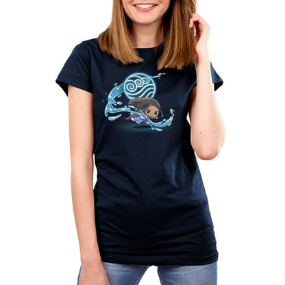 Premium Cotton T-shirt_TeeTurtle navy blue Water Tribe apparel featuring Katara waterbending with the Water Nation symbol in the background.
