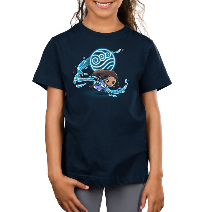 Premium Cotton T-shirt_TeeTurtle navy blue Water Tribe apparel featuring Katara waterbending with the Water Nation symbol in the background.