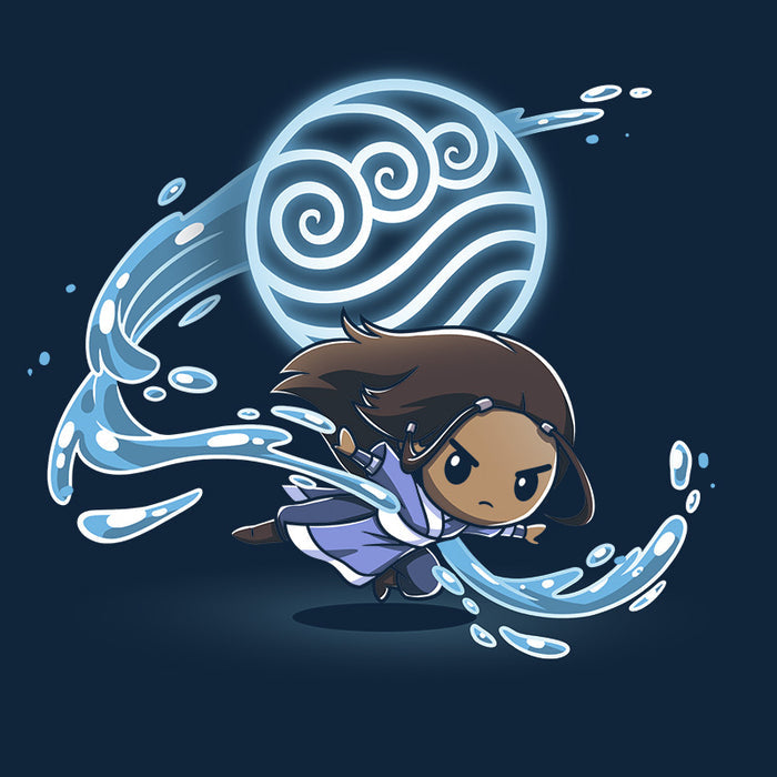 Classic Cotton T-shirt_TeeTurtle navy blue Water Tribe apparel featuring Katara waterbending with the Water Nation symbol in the background.