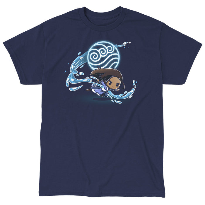 Classic Cotton T-shirt_TeeTurtle navy blue Water Tribe apparel featuring Katara waterbending with the Water Nation symbol in the background.
