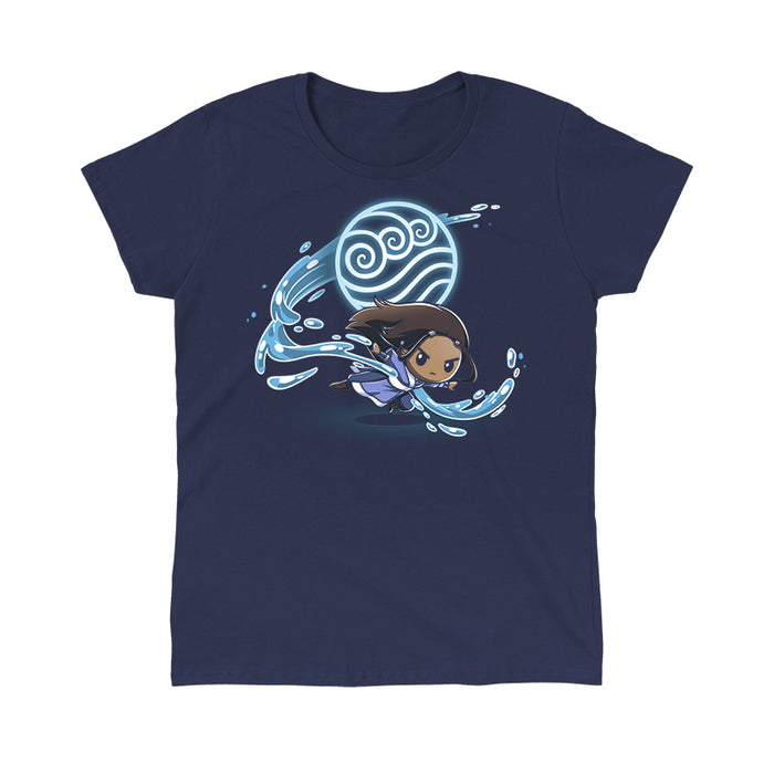 Classic Cotton T-shirt_TeeTurtle navy blue Water Tribe apparel featuring Katara waterbending with the Water Nation symbol in the background.